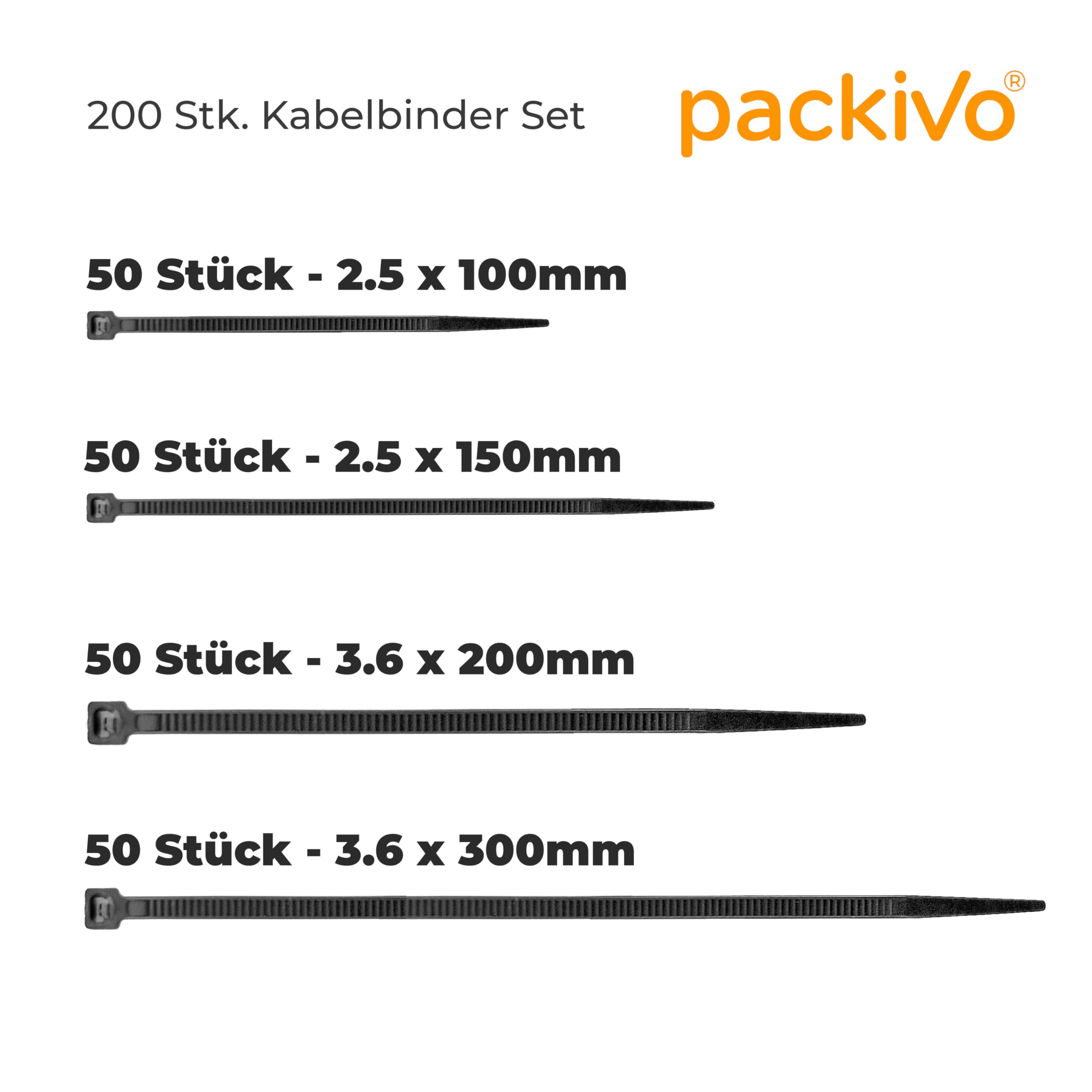 Set of 200 Black Cable Ties, 100/150/200/300 mm - Image 2
