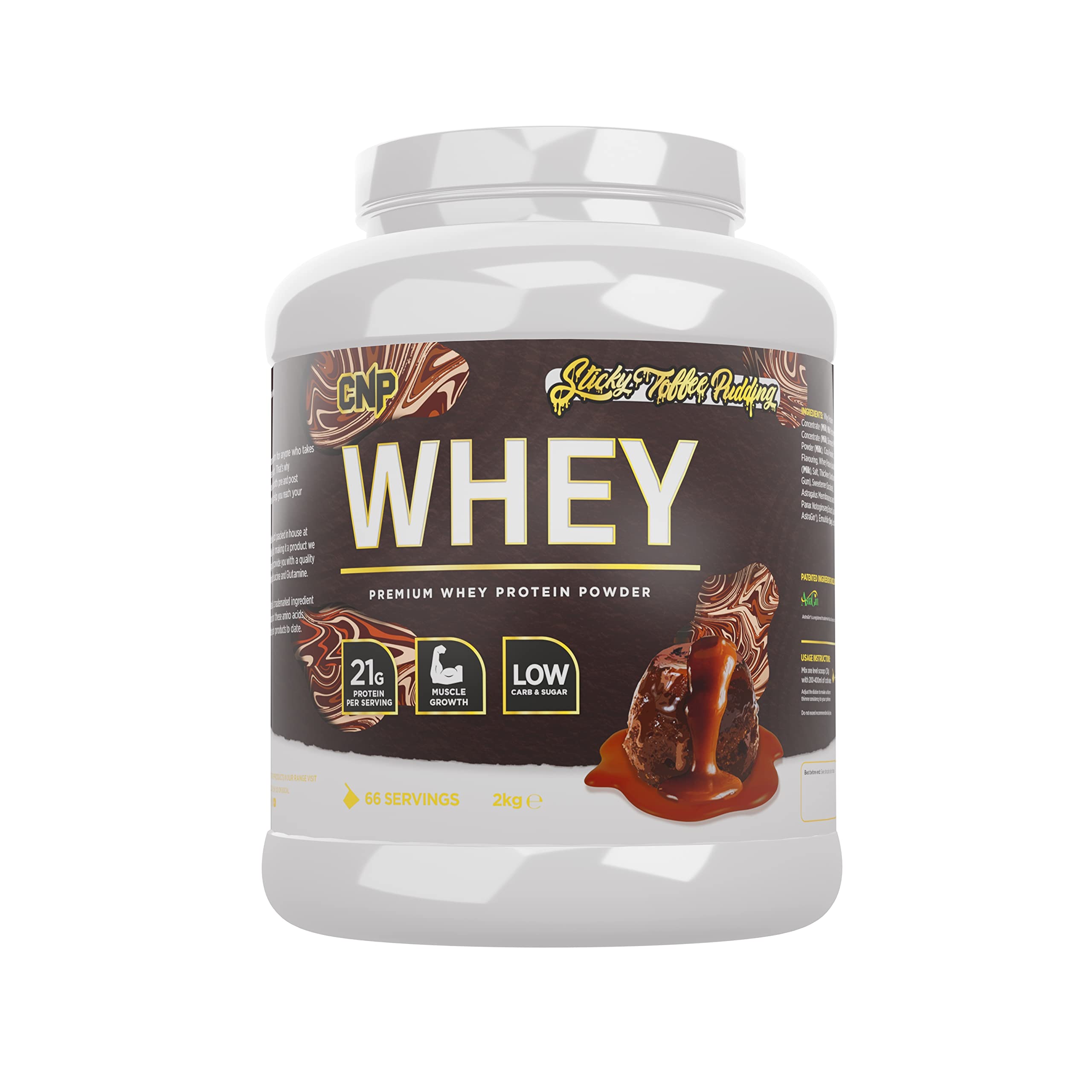 CNP Professional Premium Whey Protein Powder 2kg & 900g, 21g Protein, Low Carb, Easy Digestion, 66/30 Servings, Vegetarian, Halal, 12 Great Flavours (2kg, Sticky Toffee Pudding)