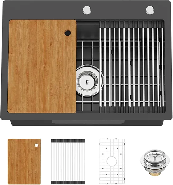 Black Kitchen Sink Workstation, 25x18 In Stainless Steel Drop In Modern Single Bowl Topmount Workstation Sink Combo-SS Grid,Drying Rack,Cutting Board And Drain Assembly For Various Kitchen Style