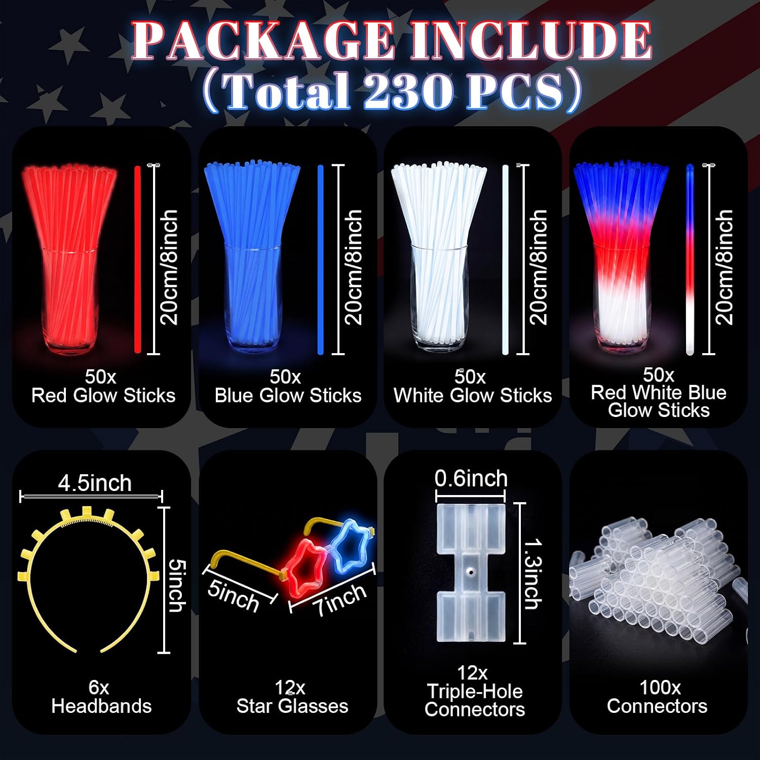 Hungdao 230 Pcs 4th of July Glow Sticks Bulk 250th Anniversary Patriotic Light up Party Favor DIY Red White Blue Star Glasses Headbands Bracelets with Connectors Glow Sticks for Independence Day USA