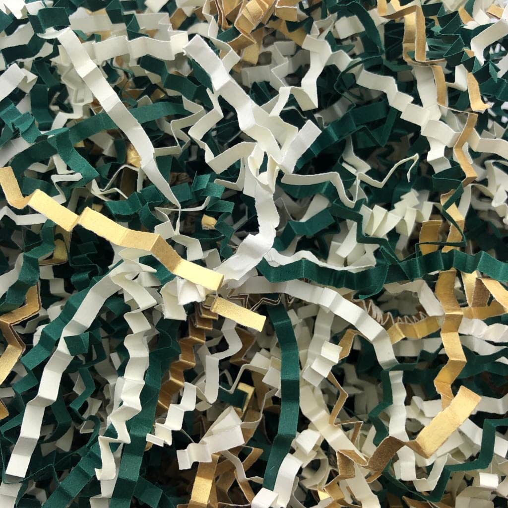 ShredAsticShredded Paper Crinkle Cut Zig Zag DARK GREEN IVORY GOLD Mix gifts baskets hampers crafts (100 grams)