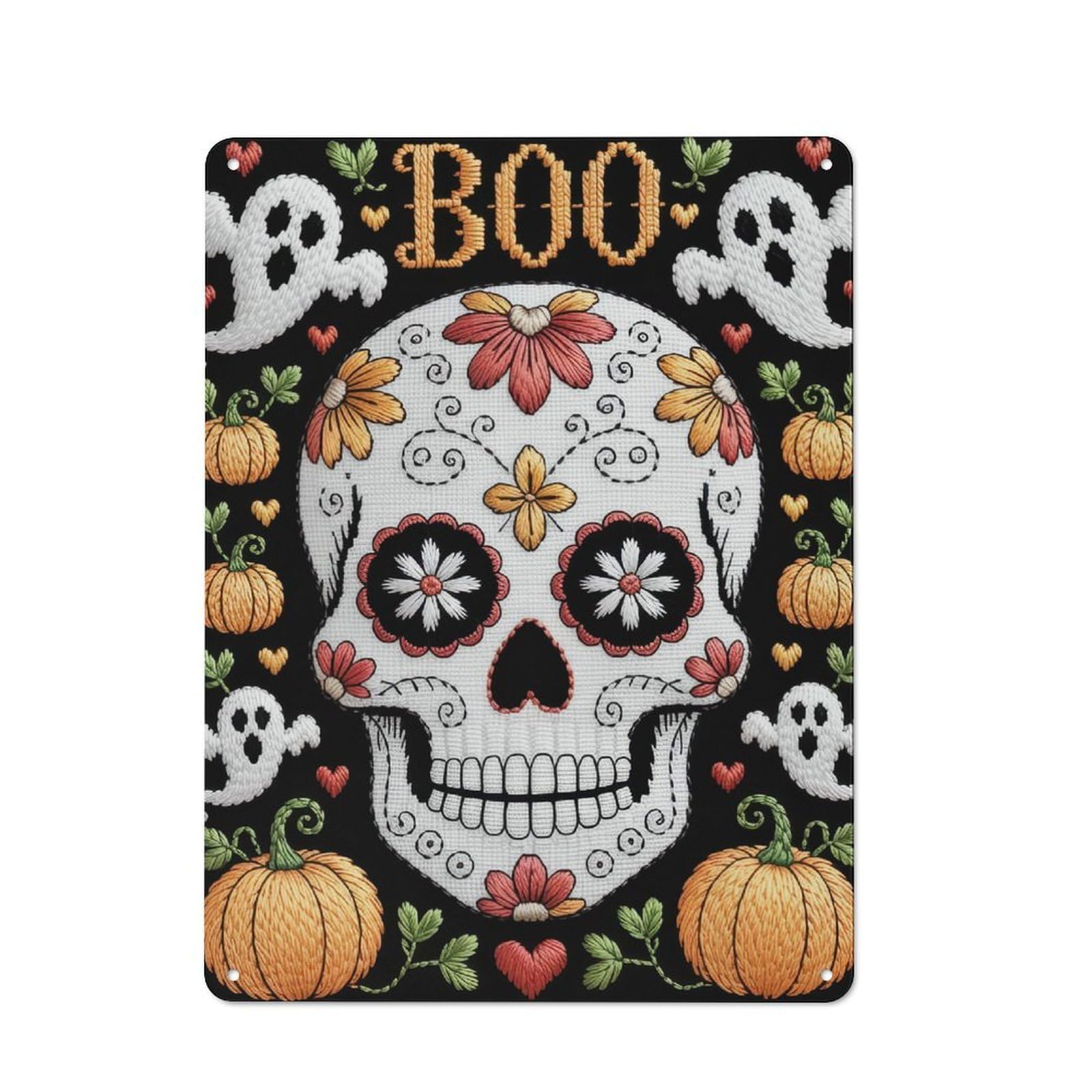 Junmoney Halloween Embroidery Skull With Pumpkins And Ghosts Garage Metal Sign 40X30cm, Retro Workshop Wall Decor For Tool Room, Garage, Studio Or Home Bar