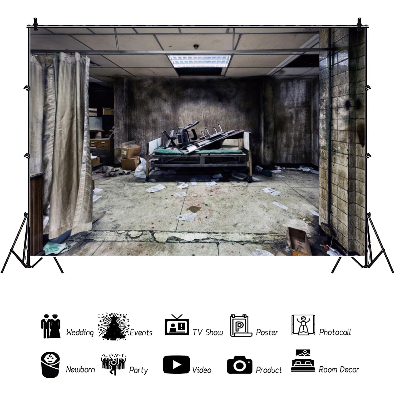 BELECO 8x6ft Fabric Creepy Hospital Backdrop Gloomy Insane Asylum Corridor Horror Abandoned Hospital Background Halloween Hospital Party Decorations Banner Photoshoot Studio Props - View #12