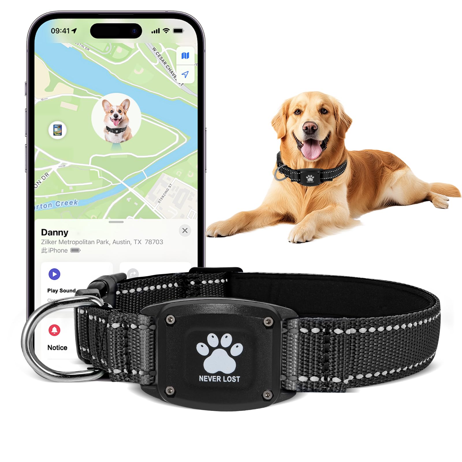 Myiwb GPS Dog Collar Tracker 2-in-1,Reflective Waterproof Pet Collar,iOS-Only,No Monthly Fees,Unlimited Range,Ideal for Dog Tracking pet Tracker,for Small Dogs(S (12.6"-16.5" Width:0.78"), Black)