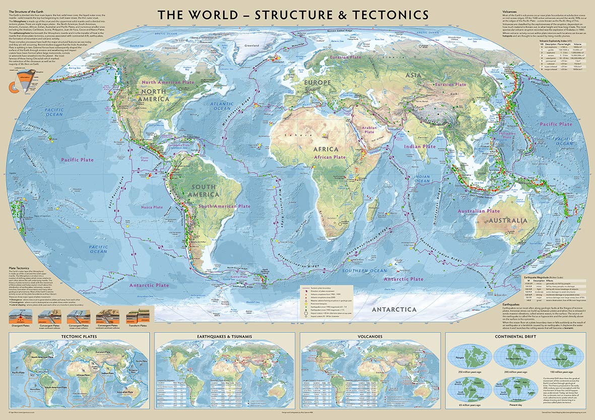 World Tectonics and Structure Map - 100cm x 70cm, Tectonic Plates, Earthquakes, Tsunami, Volcanoes, Continental Drift
