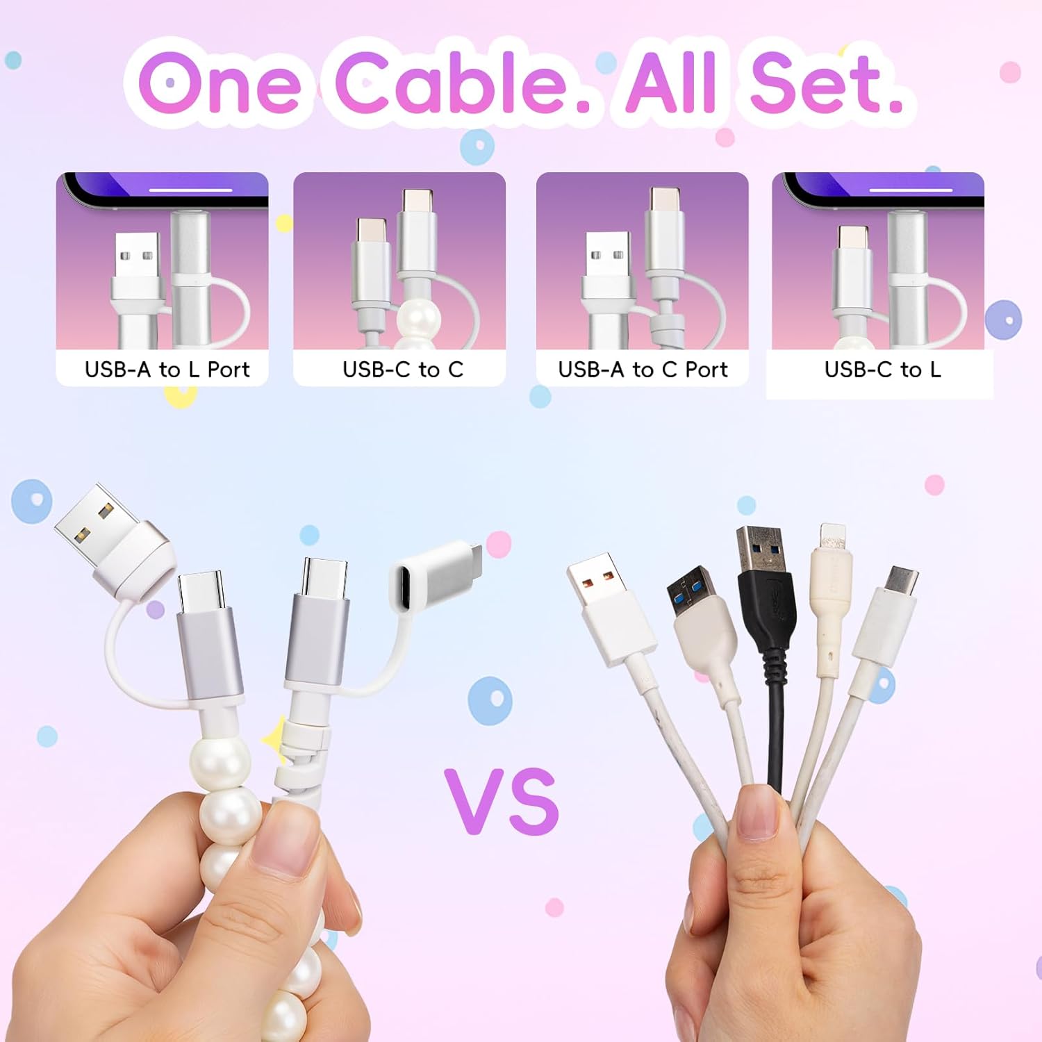 4-in-1 Beaded Charging Cable, Metal Design, Nicely Packed, 60W Fast Charging, MFi Certified, Cute Colorful Cable, Compatible with iPhone, iPad, AirPods, Galaxy, and More (Full Moon Pearl) - Image 2