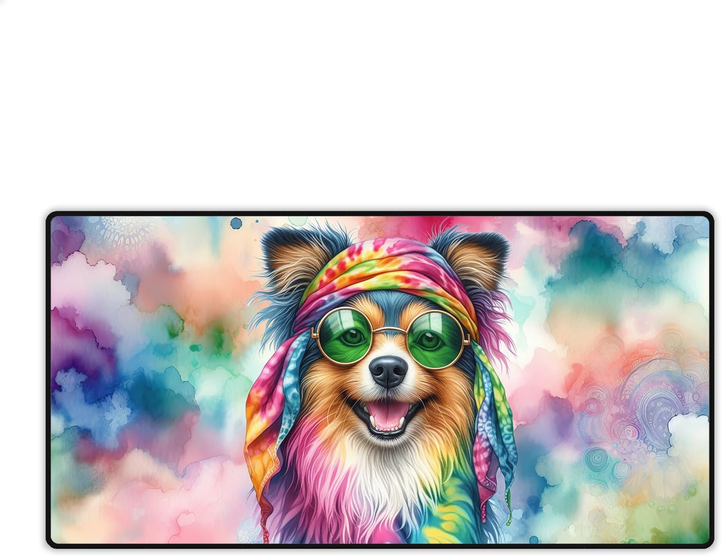 Hippie Basset Hound Portrait Watercolor Tie-Dye Vintage Styles Desk Mat Full Keyboard Mouse Pad Bassets Dog Breed Lovers Gifts Idea Large Mousepad - 014