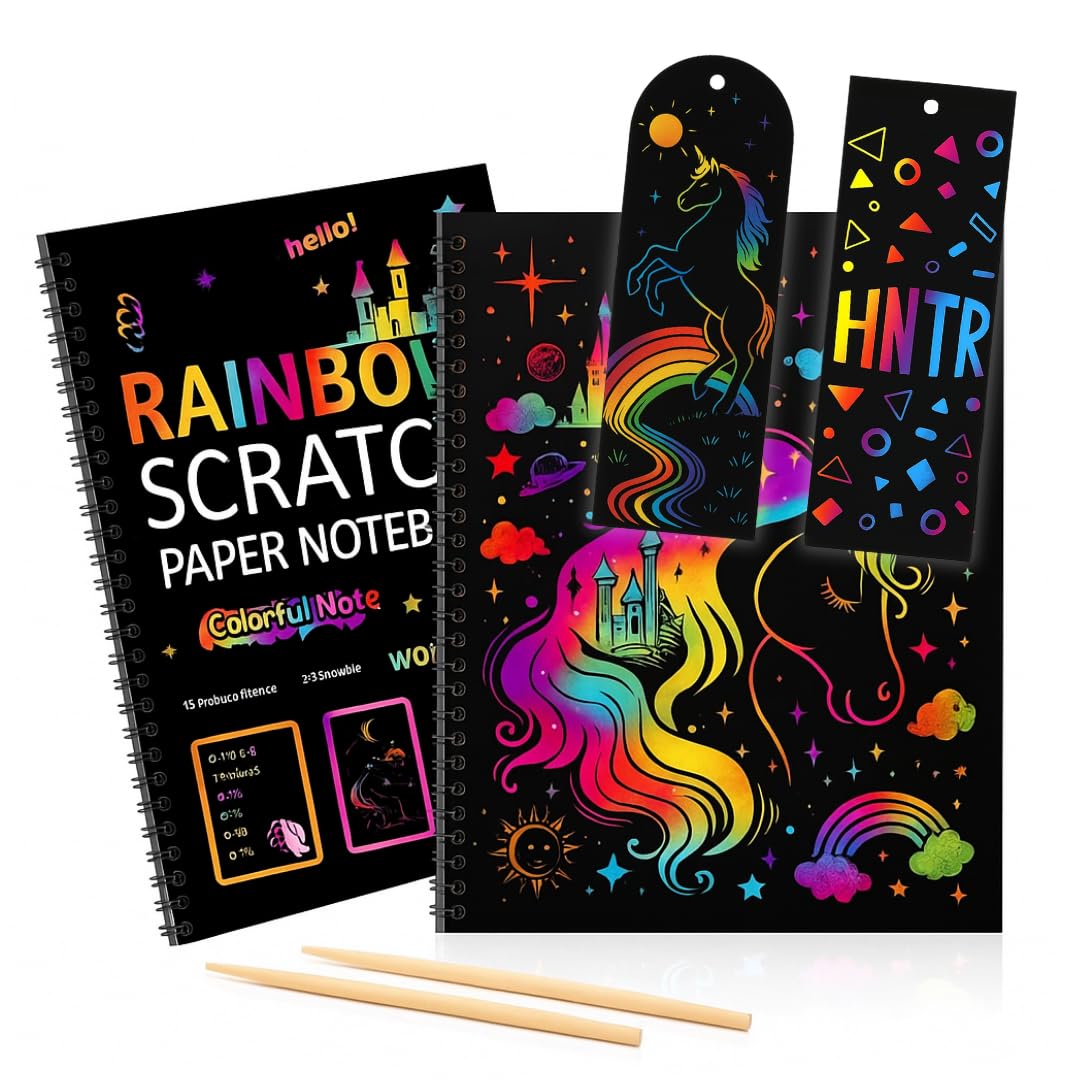 HNTR Rainbow Scratch Art for Kids | 2 x Scratch Books for Kids | 230 x 160mm Spiral Binding Pad | 4 Stylus Pens & 4 Bookmarks | Fun Colouring Book | Gift for 6 Year Old Girl