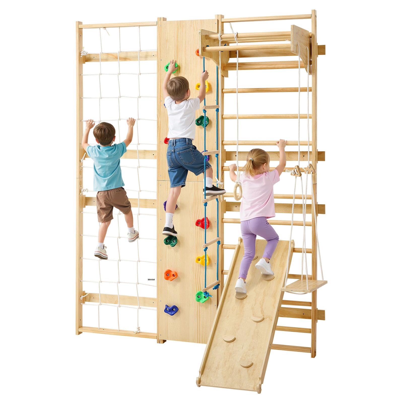 VEVOR Swedish Ladder Wall Gym, 9-in-1 12-Level Solid Wood Gymnastic Stall Bars for Kids Adults, 220LBS Indoor Jungle Gym with Rock Climbing Wall, Gym