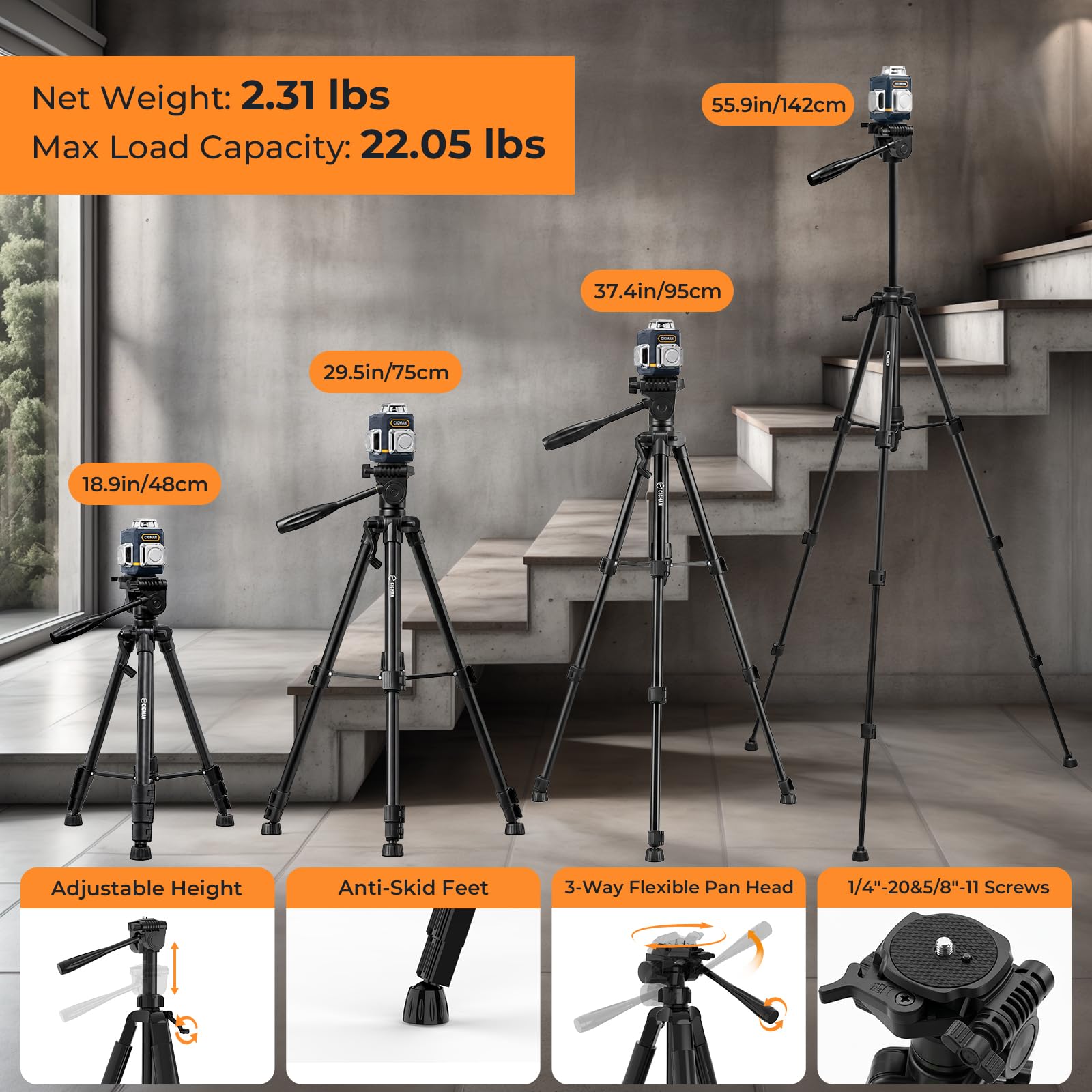 Laser linii krzyżowej z statywem, Cigman 3x360 stopni Zielona samopoziomująca laserowa skala wody z 1,5M aluminiowo-strukturalną laserową laserową laserową linię laserową przez do 30 godzin z akumulat