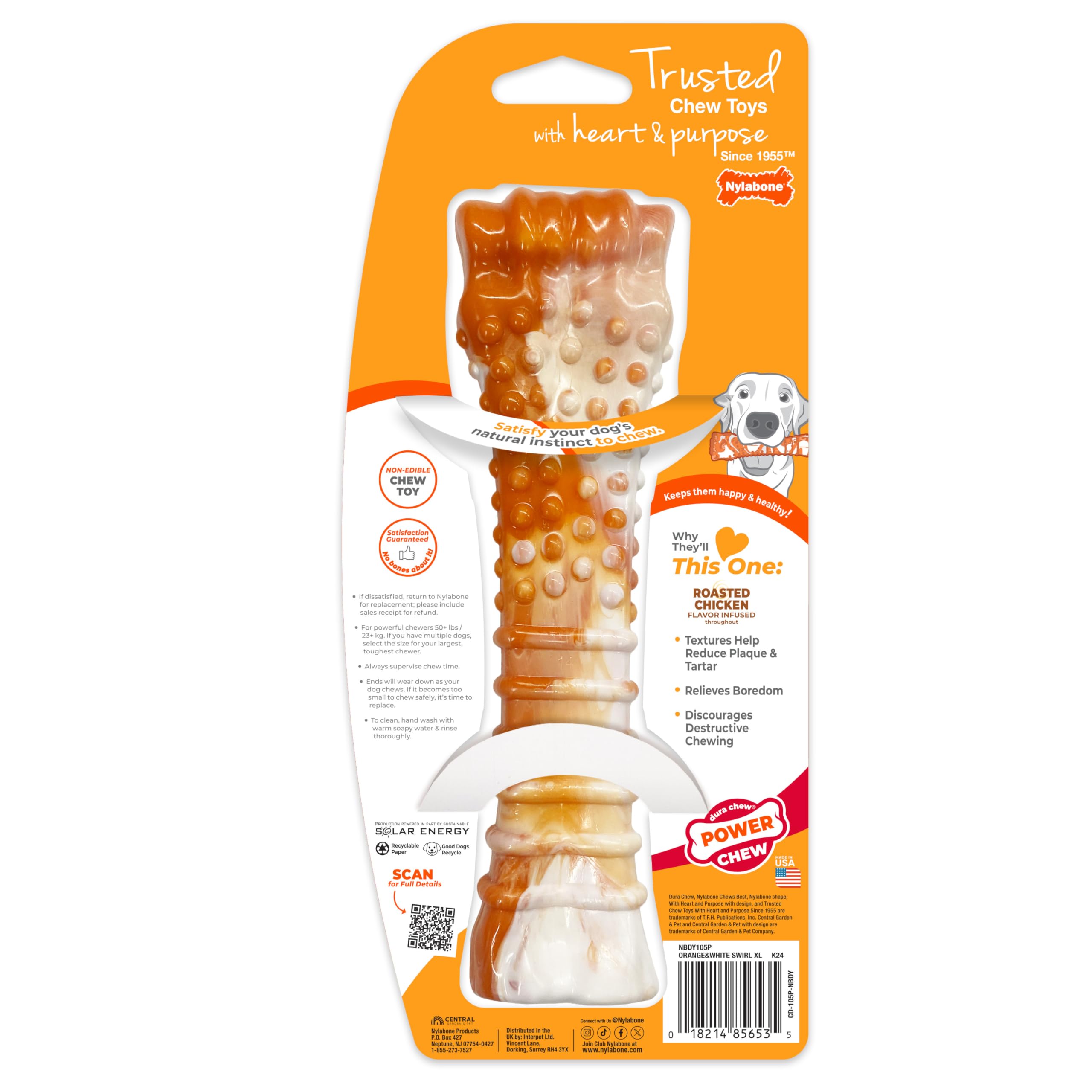 Nylabone Original Bone Power Kauspielzeug für Hunde zum 70. Geburtstag, langlebiges und Robustes Hundespielzeug für Aggressive Kauer, mit geröstetem Huhngeschmack, Größe XL, 1 Stück