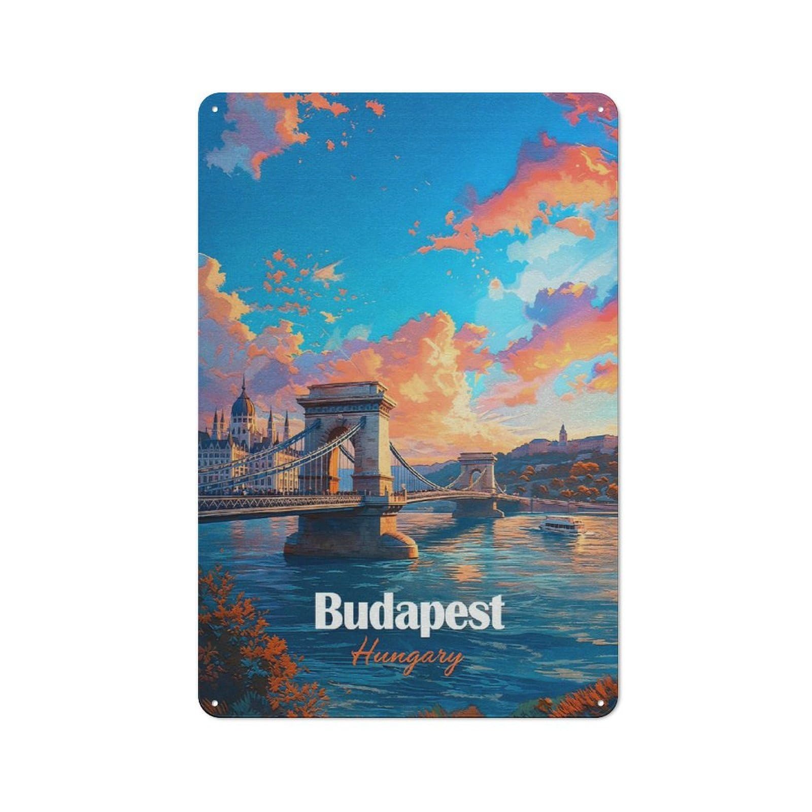 Junmoney Style-21 Budapest Hungary Chain Bridge Sunset Tin Wall Sign 30X20cm, Loft Style Industrial Wall Decor For Loft, Studio, Office Or Creative Room