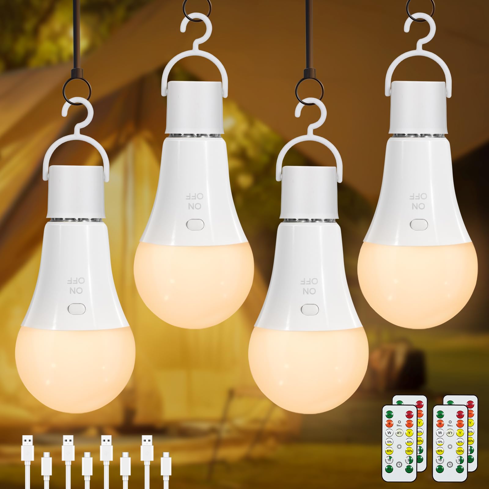 Ampoule Rechargeable USB-C Avec Télécommande - Ampoule E27 Dimmable 3 Couleurs - 7W Touch Control Ampoules avec Fonction de Timing - D'urgence pour Camping, Randonnée, 4 Pack