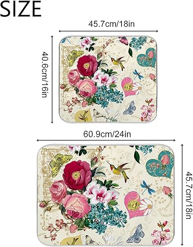 Miniatura 2 de TOPCARPENTER - Tapete de secado de platos para encimera de cocina 18 x 24 pulgadas diseño de flores de primavera y colibríes tapete escurridor de