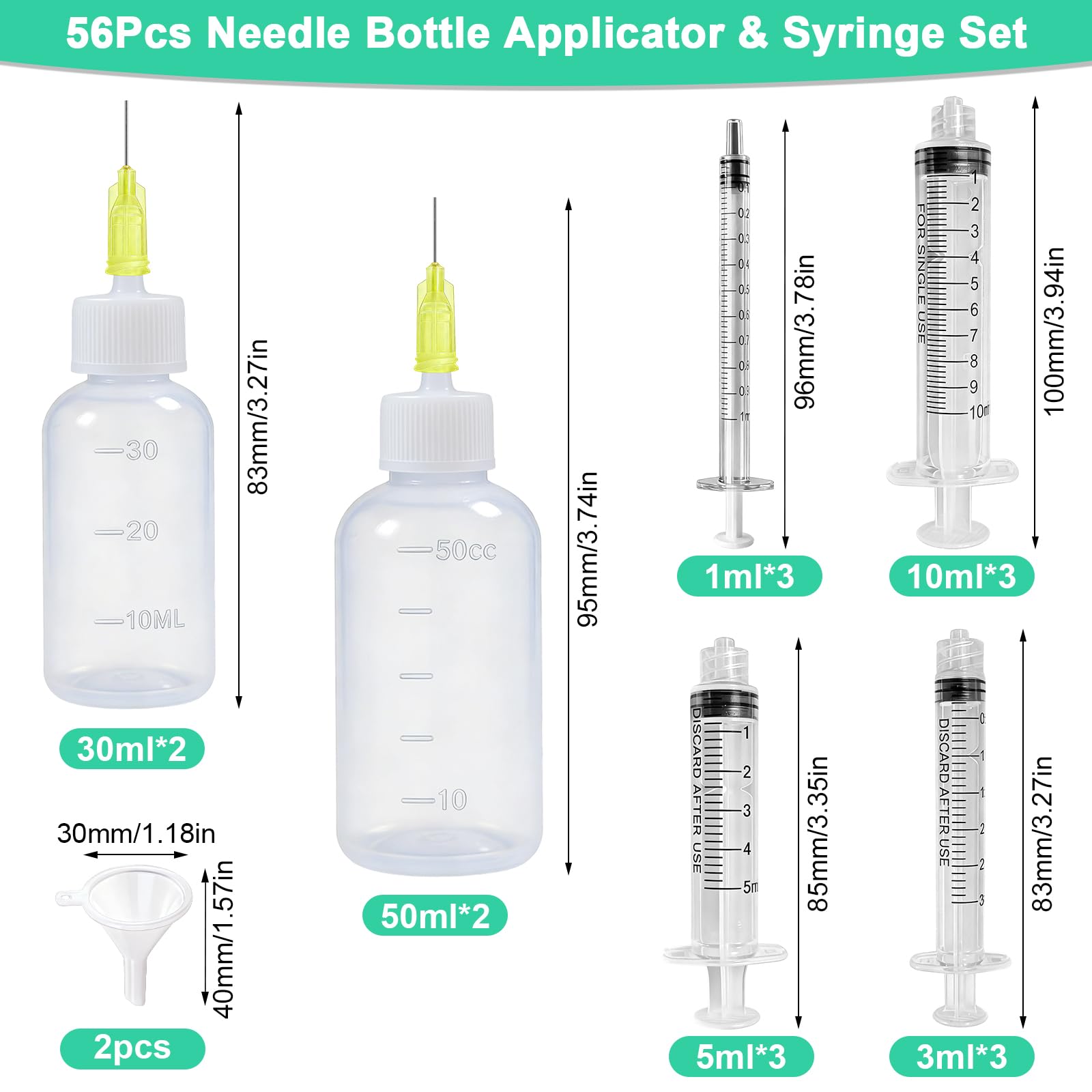 4 Pcs Applicateur de Bouteille Aiguille 30/50 ml, kit de Seringues de 1/3/5/10 ml, Flacons Aiguilles avec Aiguille de Distribution et Capuchons pour Colle Bricolage Huile Peinture Acrylique, 56pc