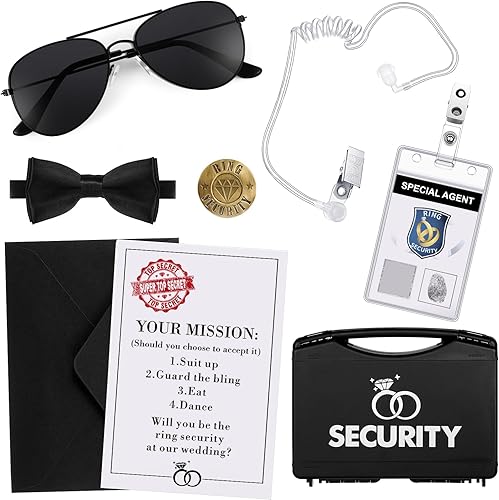 Aoriher Juego de seguridad para portador de anillo de boda incluye caja para portador de anillo, insignia de seguridad, gafa de sol, auricular,