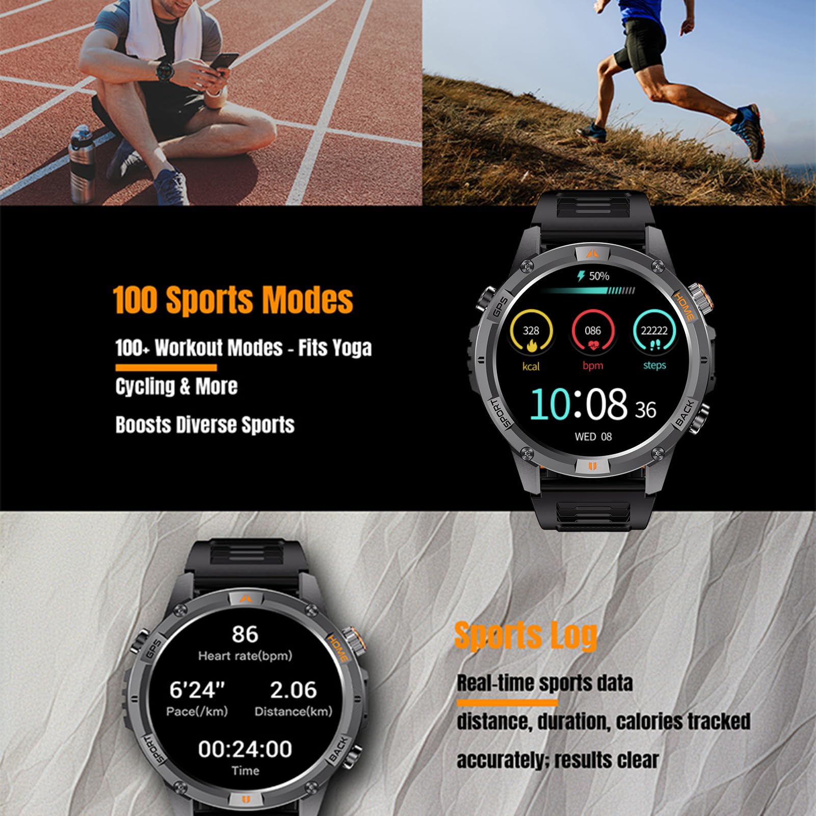 Inteligentny Zegarek Sportowy, 1,46 Cala i rozdzielczość 360 X 360 GPS, Monitor Aktywności z ponad 100 Trybami ćwiczeń, dla Systemu IOS Bieganie Pływanie Piesze Wycieczki (Czarna stal)