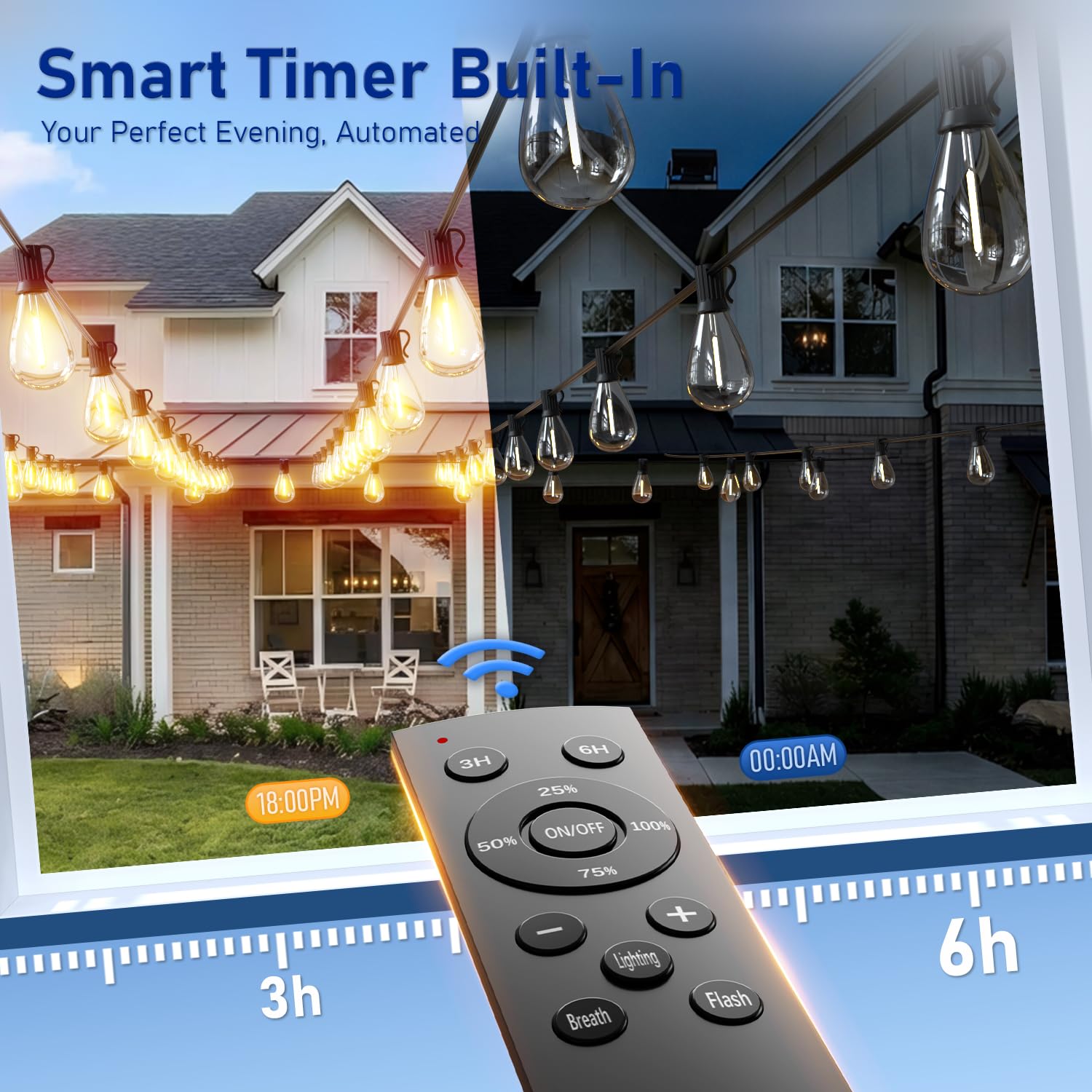 Sikitul 50FT Outdoor String Lights with Remote & Dimmable, 18+1 Shatterproof Waterproof Bulbs, Dimmable Outside Hanging Patio Lights for Backyard, Porch, Deck, Garden 2200K Warm Yellow — view 5
