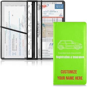 Custom Car Registration and Insurance Card Holder Personalized Leather Glove Box Organize Men Women Wallet Accessories Case for Cards, Essential Document Driver License Fluorescent Green