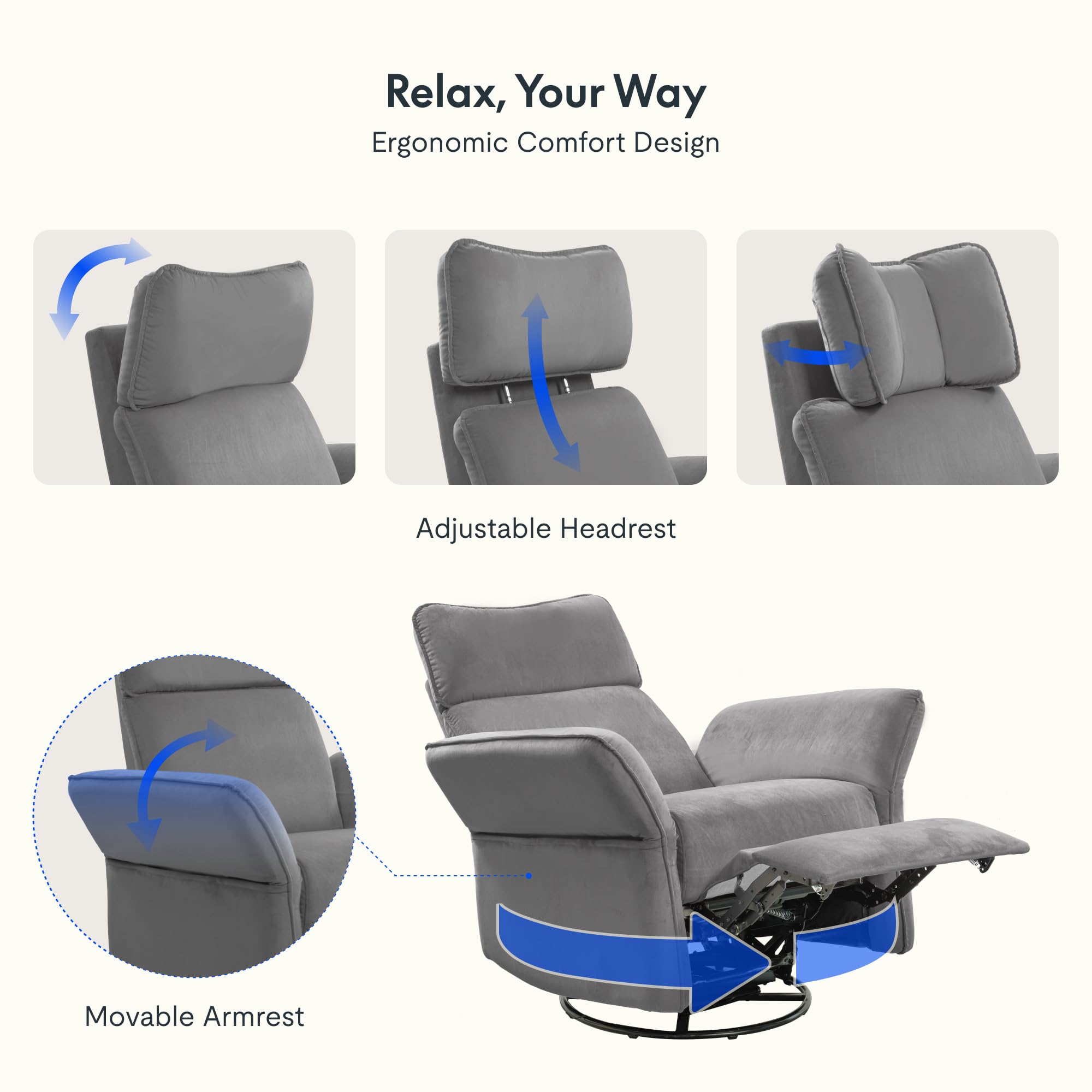 FLEXISPOT Cradle Sillón Relax, Sillon Eléctrico con Función Reclinable, Chaises Longues, Sillón Giratorio TV con Balancín, Reposacabezas 3D, Reposabrazos Ajustable, Respaldo Ajustable para Salón, Gris