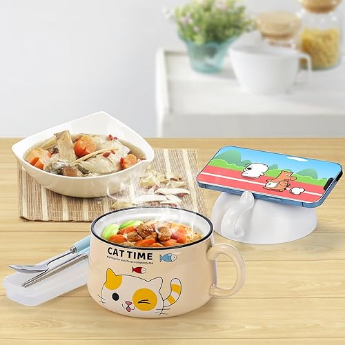 Miniatura 7 de Tazón de ramen con asa y tapa, cuencos de cerámica de 34.5 onzas para fideos instantáneos, lindo gato con cuchara, palillos para dormitorio, tazón