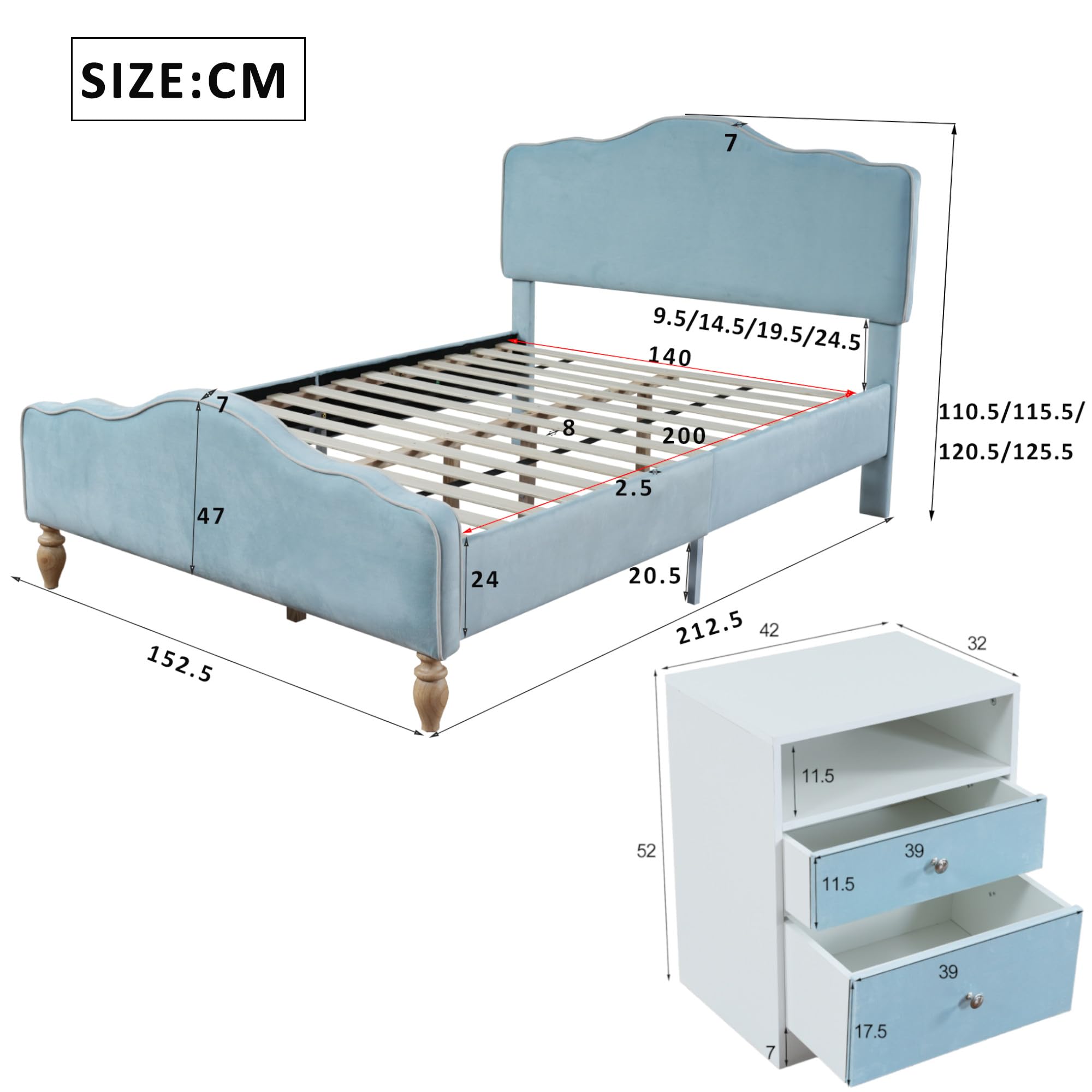 Kayan Juego de dormitorio, diseño moderno, cama tapizada + 2 mesitas de noche, mesita de noche con 2 cajones, juego de muebles de dormitorio, terciopelo, azul (140 x 200 cm)