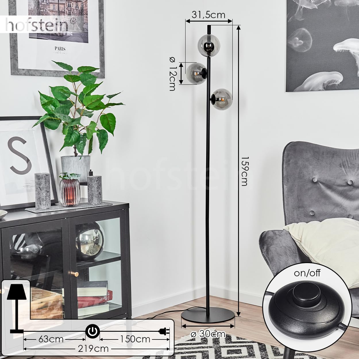Stehleuchte Remaisnil, moderne Stehlampe aus Metall/Glas in Schwarz/Rauchglas, Standleuchte mit Schirmen aus Glas (Ø 12 cm), mit Fußschalter am Kabel, 3 x G9, ohne Leuchtmittel