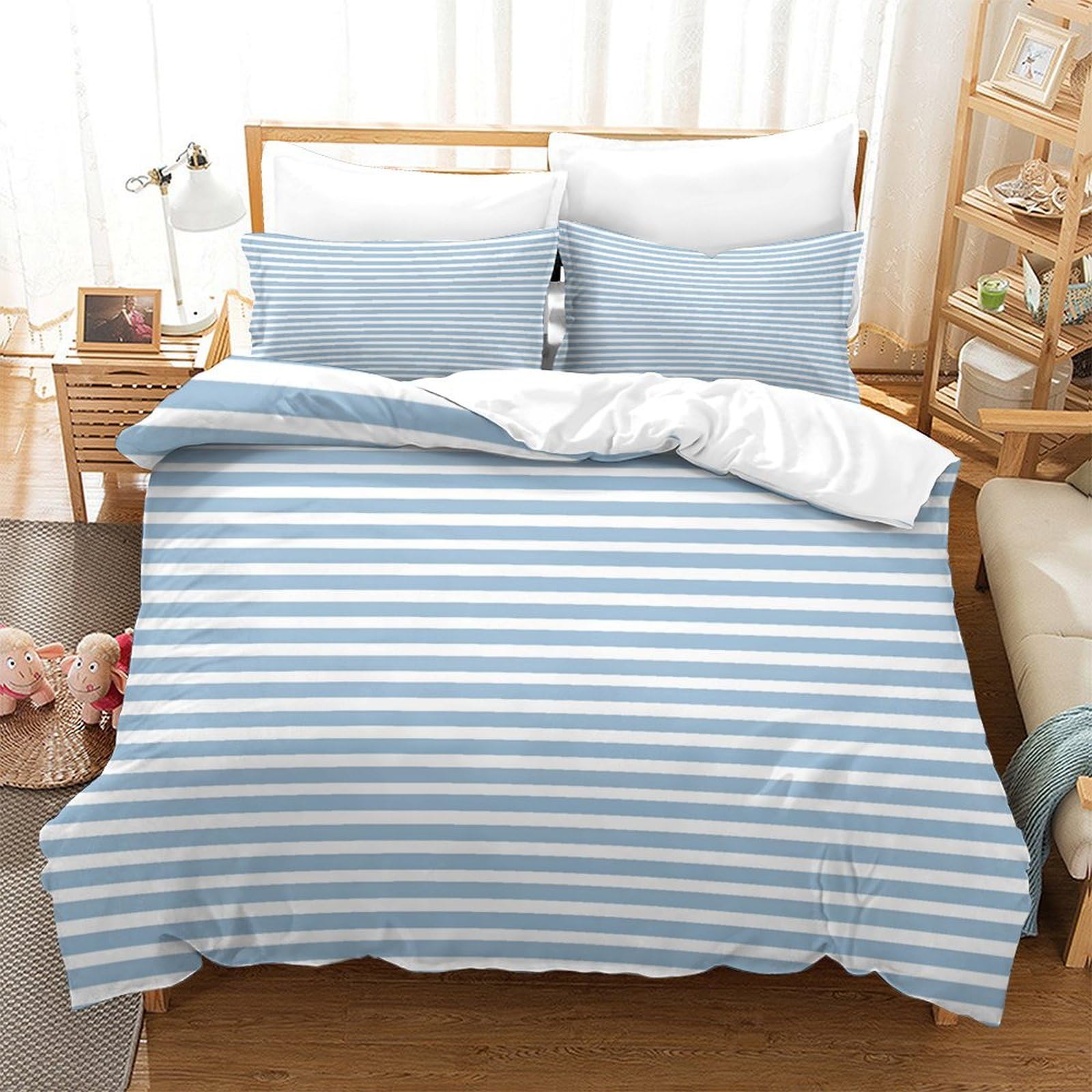 P1S9U7W5Y Modern Blue White Stripes 3D Printed 3pcs Duvet Cover Set Microfiber Stripe Bedding Set Single（140x200cm）
