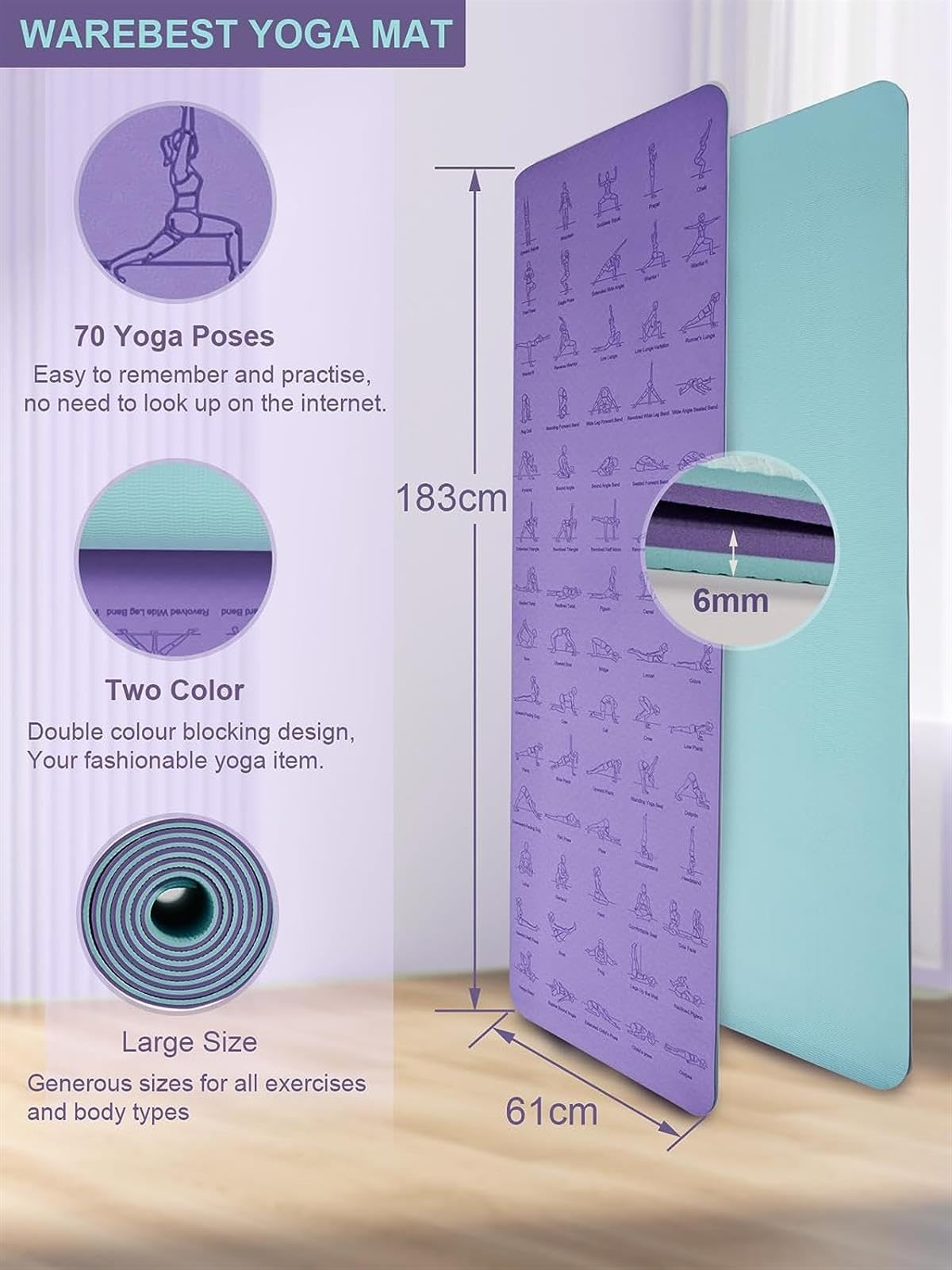 Yogamatte mit 70 Posen bedruckt, Anleitungsdesign für Heimtraining und Training, inklusive Tragegurt für einfachen Transport