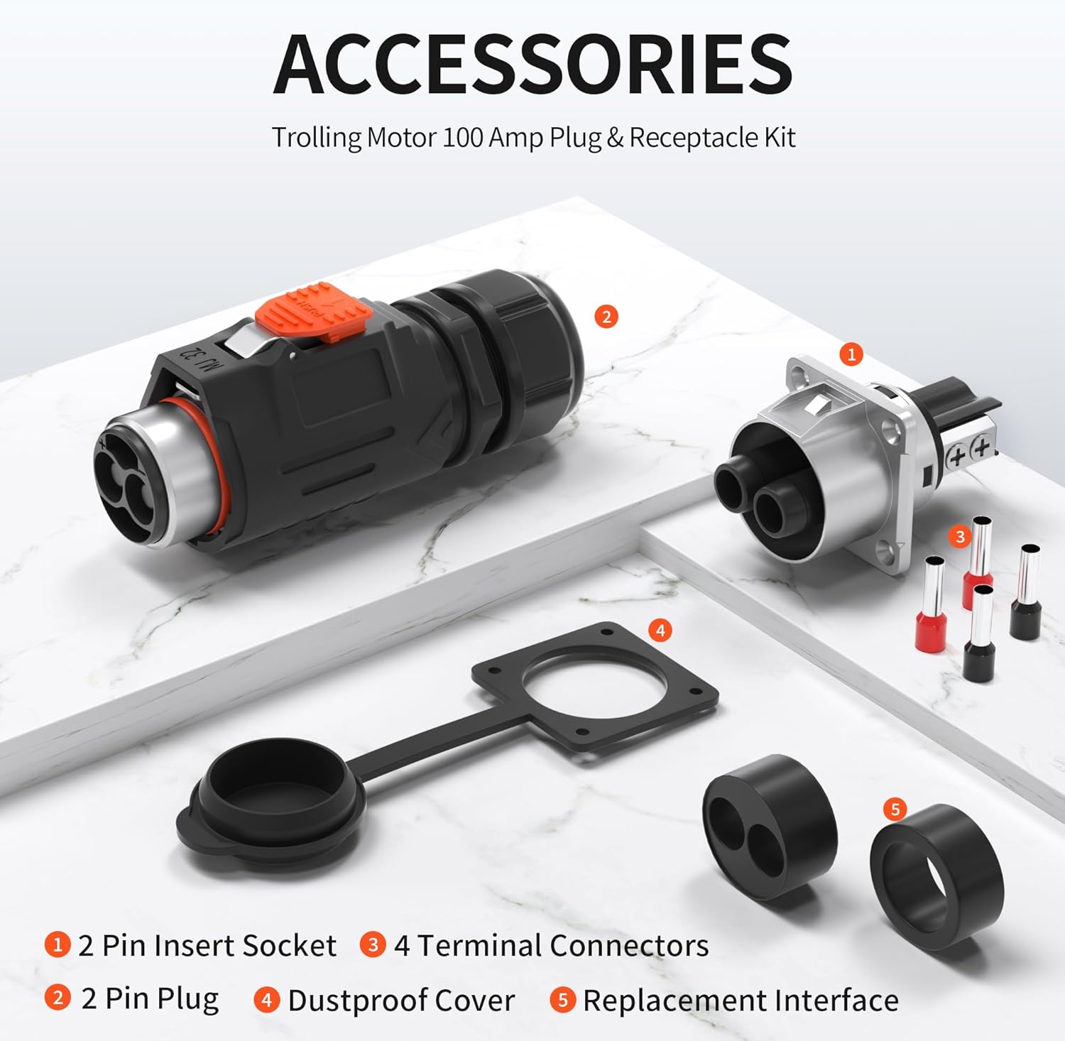 RVMARINEPAT 100 Amp Trolling Motor Plug and Receptacle Set - 6 to 4 AWG Wire Circular Connector - Fast Locking 2 Pin 12V-48V Power Connector - Waterproof for Marine Boat
