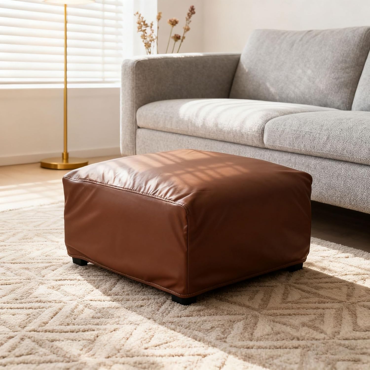 Waterproof Ottoman Slipcover for Living Room Furniture Pet-Friendly Scratch-Resistant Stretch Covers with Full Wrap Design for Sofa, Footrest Stools(Red,81cm-100cm)