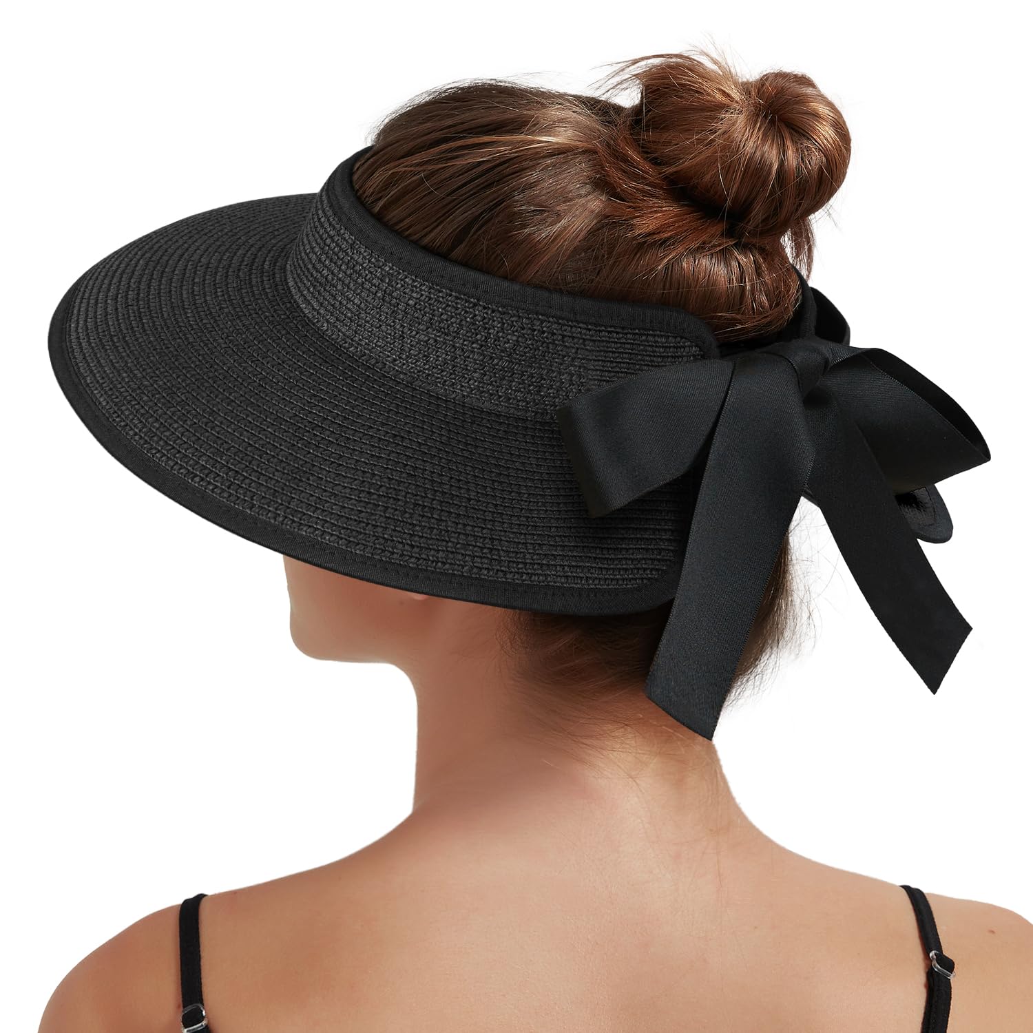 Creekstone Women's Black Sun Visor Hats For Straw Visor Wide Brim Uv Protection Packable Summer Beach Hat Ponytail Travel Upf 50+ (Uk, Alpha, One Size, )
