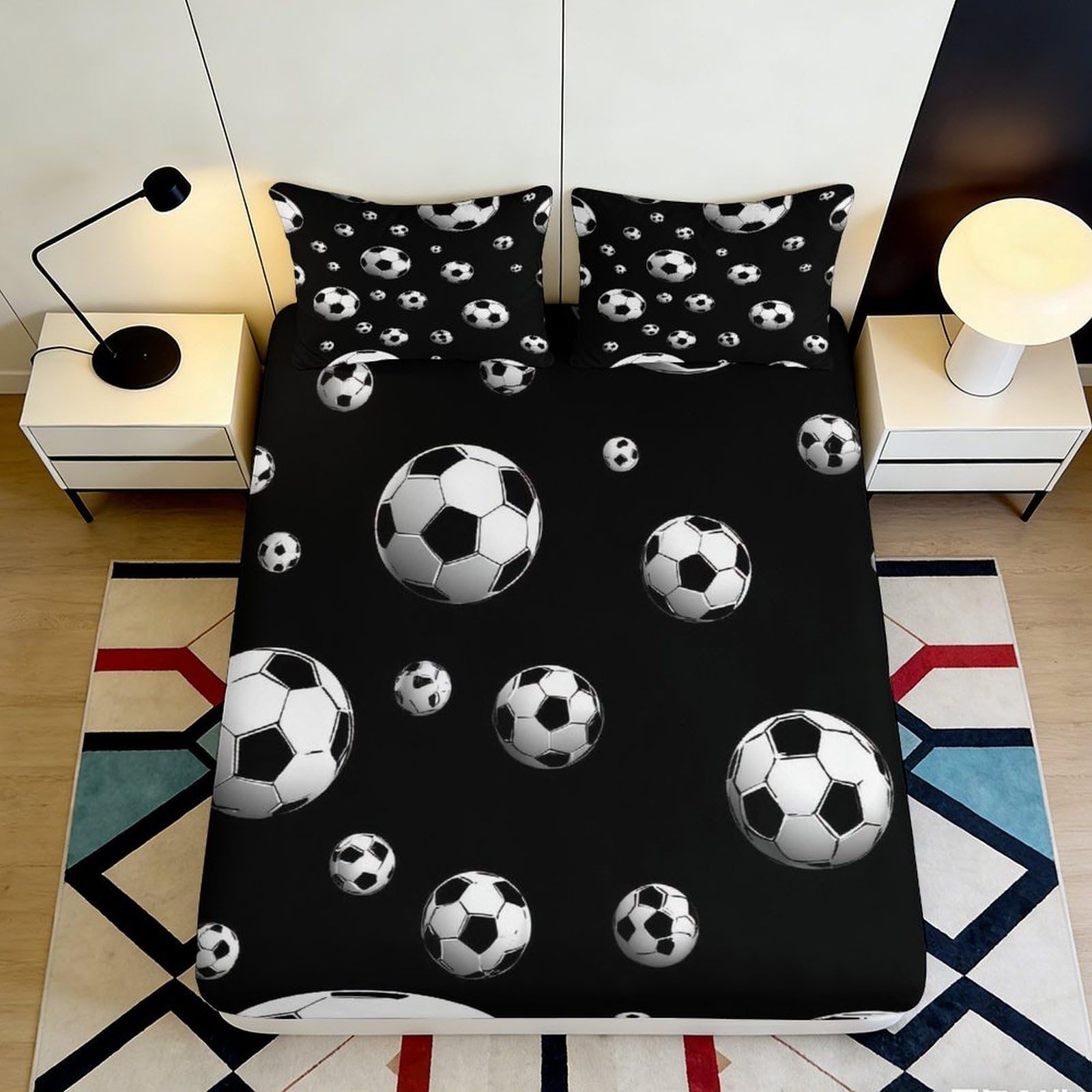 3D Printed Soccer Ball Fitted Sheet Microfiber Durable Bed Sheet with Football Pattern Mattress Cover for Bedroom Dormitory Guest Room Mattress Protection 120x200x25cm