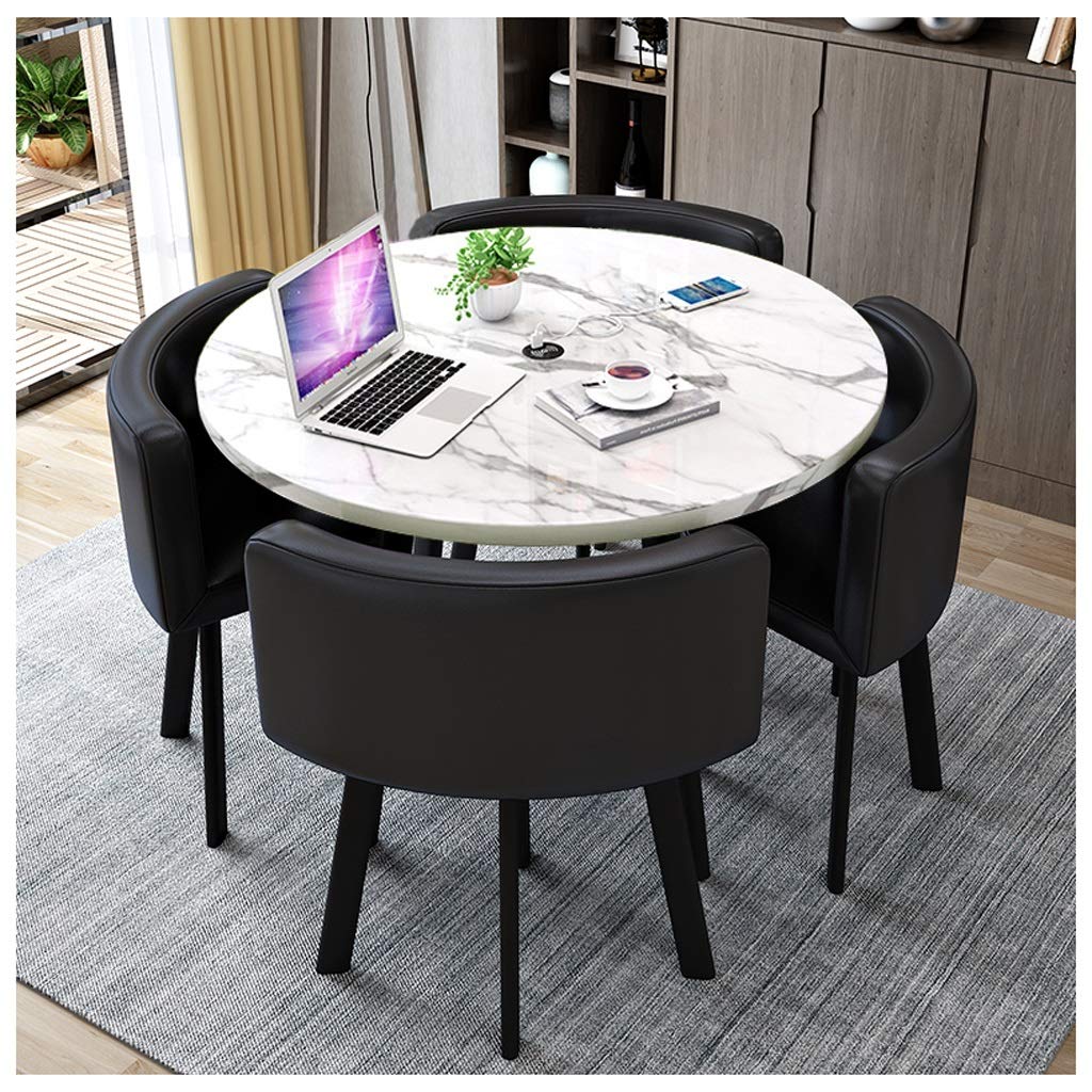 ASerZenith Balcony Dining Table Set With 4 Leather Chairs 5 Piece Kitchen Dining Furniture 80Cm/90Cm Round Wooden Table With Metal Legs Office Reception Leisure Table Black Color.,Black-90Cm/35In