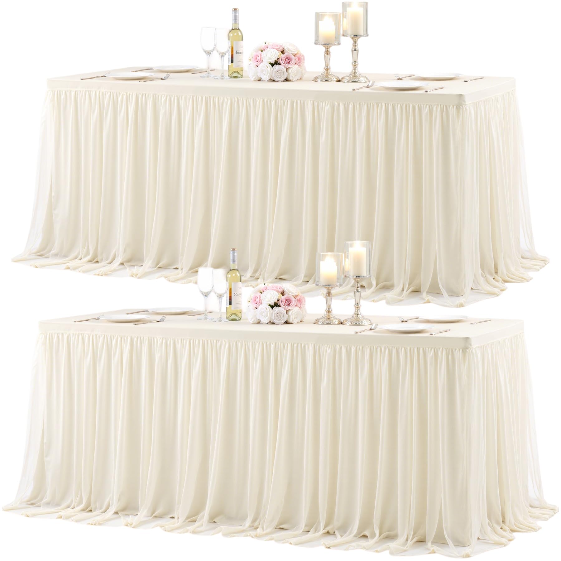 Photo 1 of 2 Pack 6ft Ivory Tulle Tablecloth for Rectangle Tables 6 Foot Ivory Wedding Table Cloths Rectangular Wrinkle Free Table Cover with Tutu Skirt for Baby Shower Birthday Party Banquet Buffet Cake