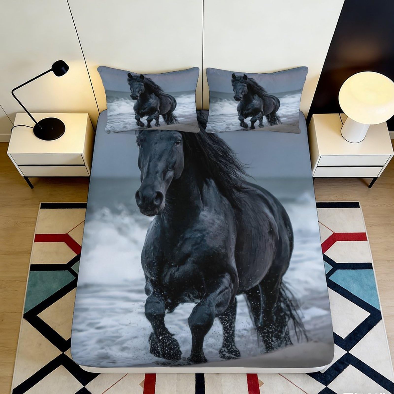 Decorative Black Horse Fitted Sheet 3D Printed Microfiber, Soft Touch, Bed Cover for Home Bedroom Apartment Bedding, Wrinkle Resistant, Easy Care, 116 90x200x25cm