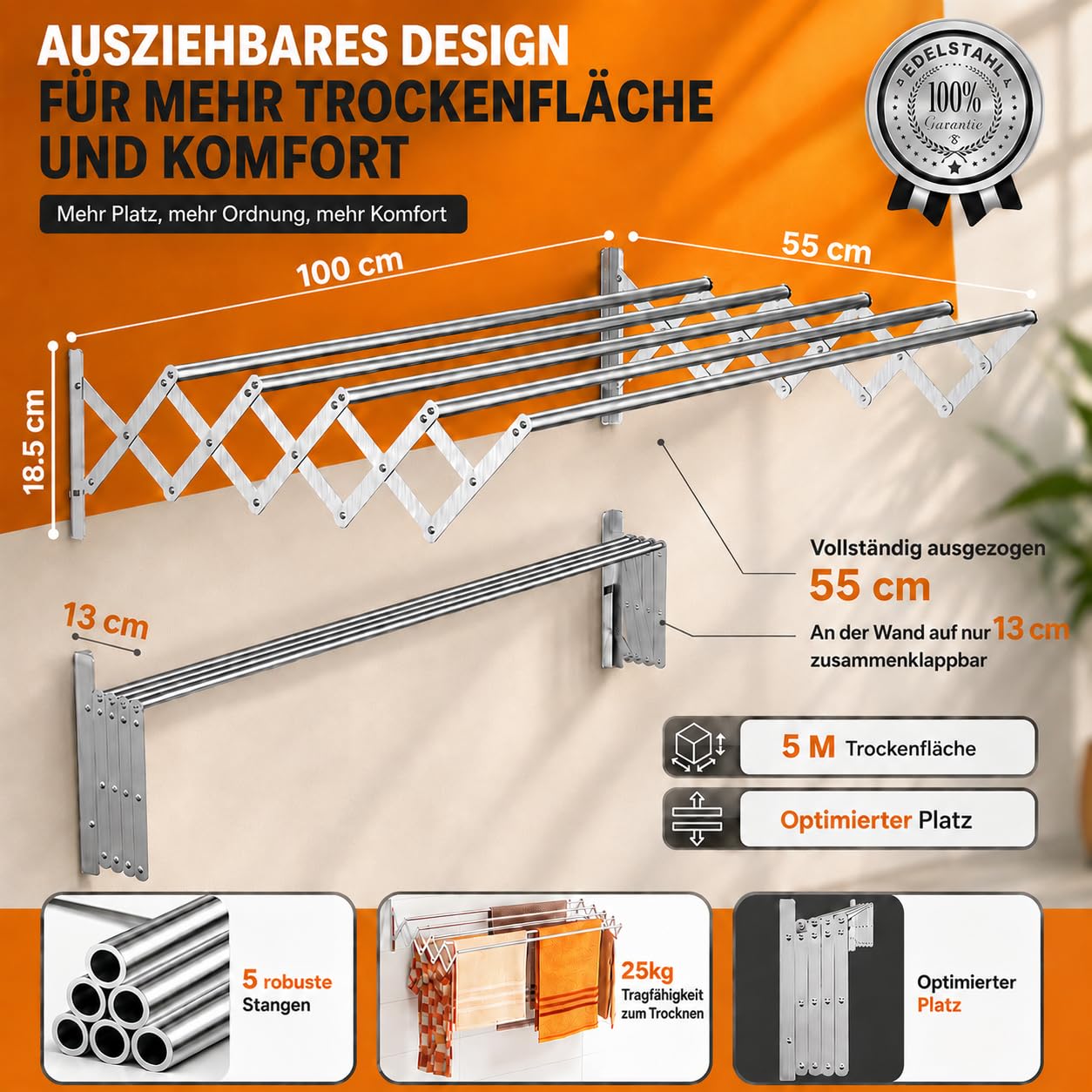 TEHORNEO Wäscheständer Wandmontage 100 cm, Wäschetrockner Wand aus Edelstahl, Wandtrockner Ausziehbar, Wäscheständer Wand, Wandwäschetrockner, Wandtrockner Ausziehbar 25 kg Tragfähigkeit