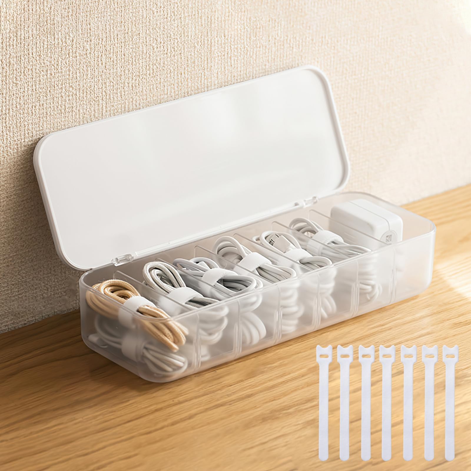 Cable Organizer Storage Box with 7 Wire Ties, Desktop Cable Management Box with Lid, Power Cord Organizer with 7 Compartments for Office, Home, Desk Accessories Storage Stationery Supplies White