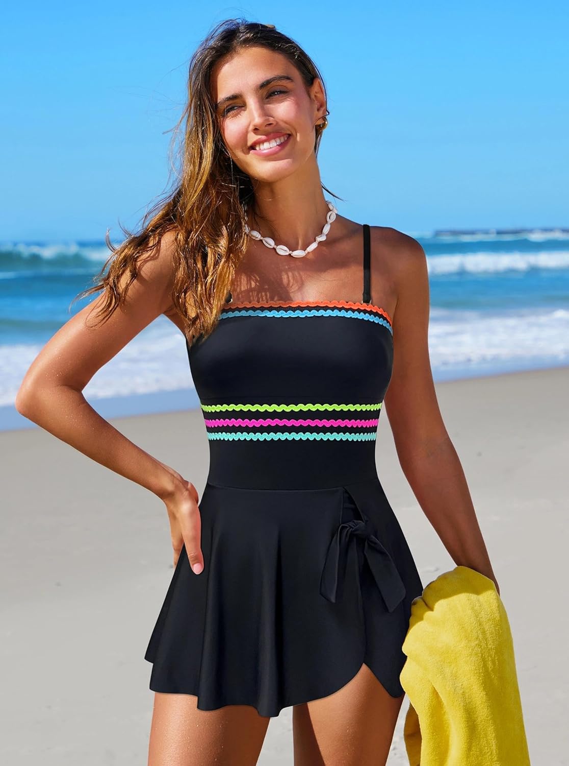 popvil Strapless One Piece Swimsuits for Women 2026 Tummy Control Swim Dress Bandeau Bathing Suit with Colorful Trim Cute Bow - Image 5