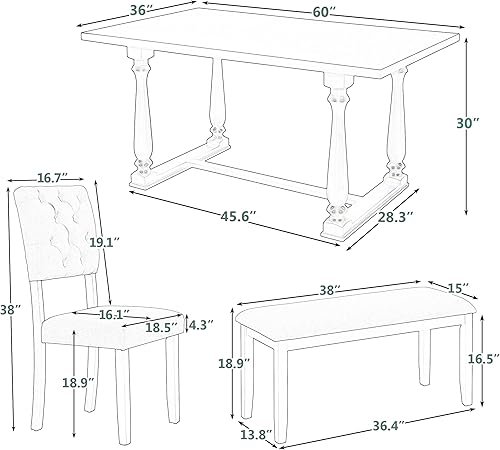 Miniatura 3 de Juego de 6 sillas de mesa de comedor mesa de comedor rectangular con 4 sillas tapizadas y un banco juego de sillas de cocina de madera para 6