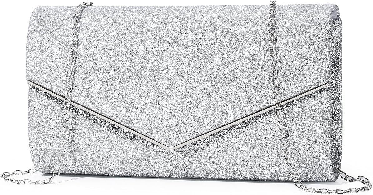 Mooedcoe Glitzer Clutch Damen, Elegante Abendtasche Silber mit Abnehmbarer Kette – Handtasche Klein, Stilvoll für Hochzeit, Party, Ball