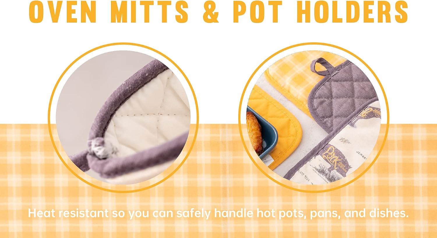 4 Pack Oven Mitts and Pot Holders Sets of Quilted Lining with Cotton Wadding - Non-Slip Food Grade Kitchen Mittens and Hot Pads for Cooking, Baking, BBQ (FF & YP)