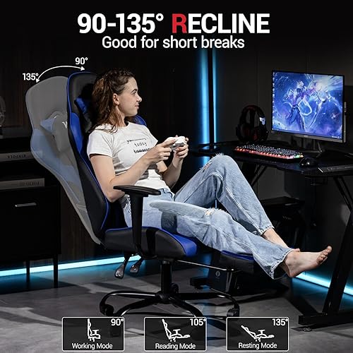 Miniatura 5 de Silla para juegos con reposapiés, silla de escritorio ergonómica para PC con reposacabezas y soporte lumbar de masaje, silla de videojuegos con