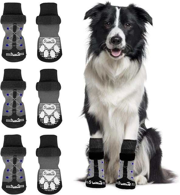 SlowTon Anti-Slip Dog Socks Paws Stop Licking - 3 Pairs Pet Paw Protector Dog Boots Socks for Dogs Adjustable Dog Socks with Grips Dog Slippers for Injured Paws Hardwood Floors Indoor Outdoor Walking
