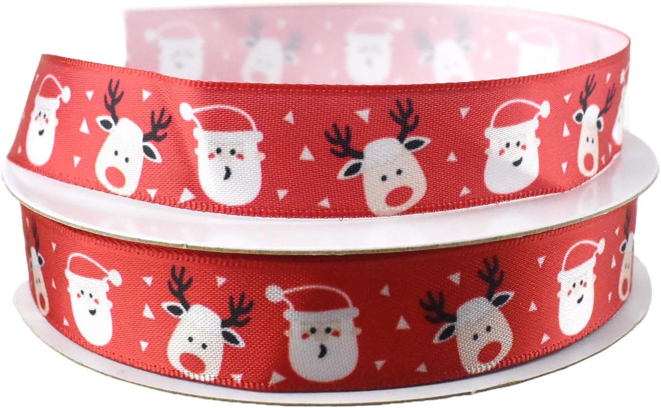 Homeford Cartoon Santa and Reindeer Satin Ribbon, 5/8-Inch, 10-Yard