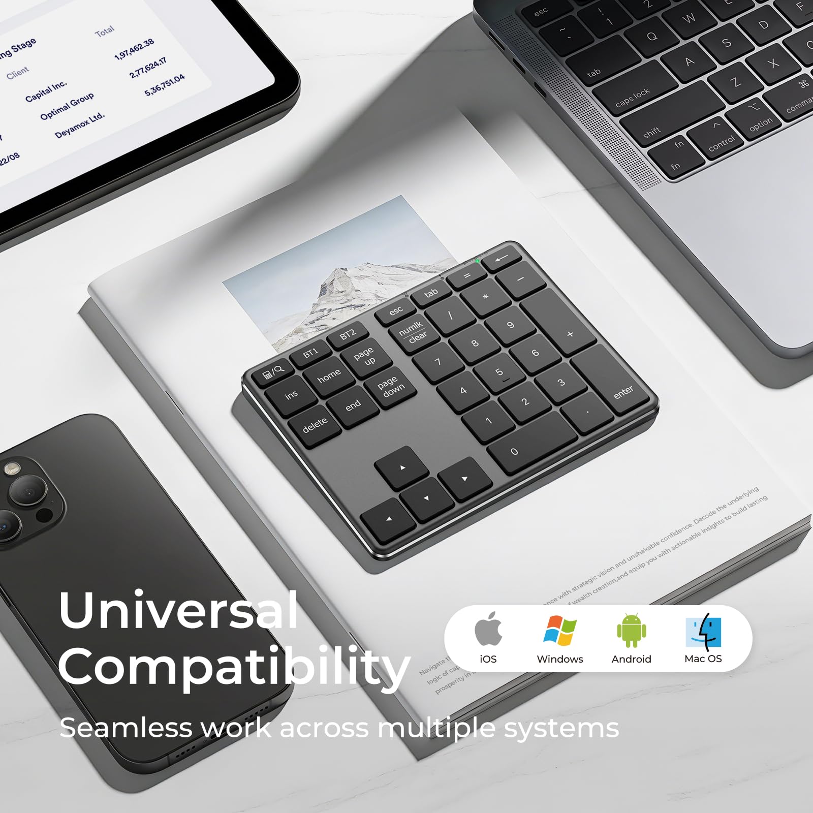iClever Teclado Numérico Inalámbrico, Teclado Numérico Bluetooth 5.1 Multi-Dispositivo con Carga USB-C, Compatible con Mac/PC/Móvil