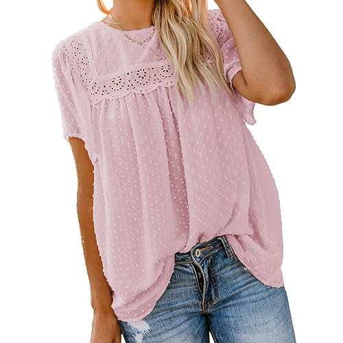 Dokotoo Womens Crewneck Lace Crochet Pom Pom Flowy Short Sleeve Casual Shirts Blouses Tops