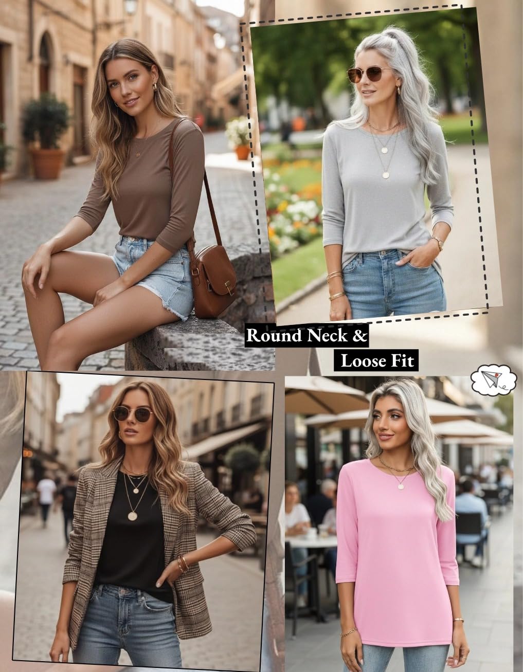 Zeagoo T-shirt décontracté à manches 3/4 pour femme - Col rond - Tunique mignonne - T-shirt basique - Chemisier d'affaires - T-shirt de travail