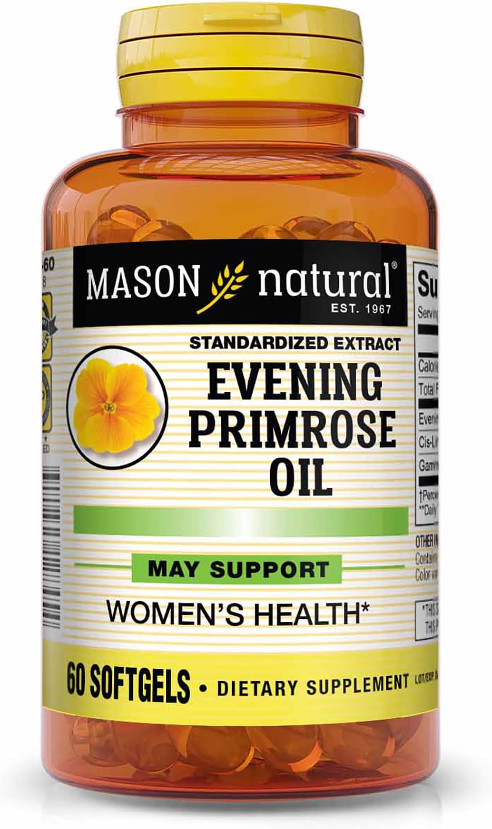 MASON NATURAL Evening Primrose Oil 1000 mg, Hormonal Balance & Skin Support for Women, Rich in Omega,6 GLA & LA, PMS & Menopause Relief Supplement, 60 Softgels