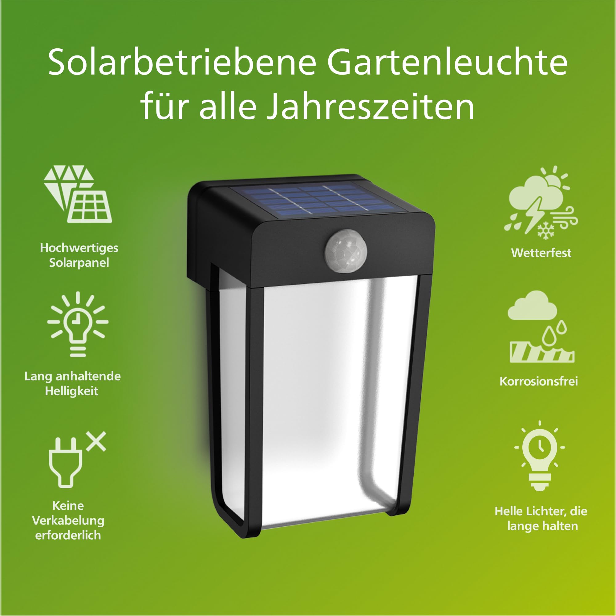 PHILIPS Outdoor Solar Shroud Wandleuchte 2,3W, Tageslicht- und Bewegungssensor, klar, 2700 Kelvin, IP44 wetterfest, schwarz